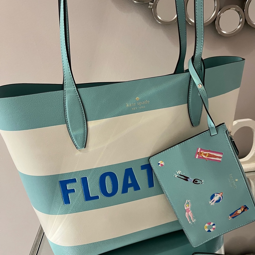 Kate Spade ♠️ Float On Poolside Splash 2pc leather tote & wristlet Reversible